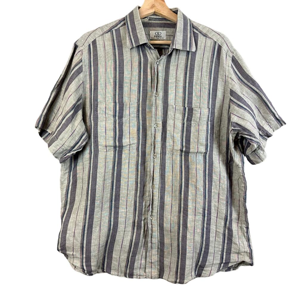 Vintage 80s Fendi Vertical Stripe Button Down Short Sleeve Linen Shirt Men's